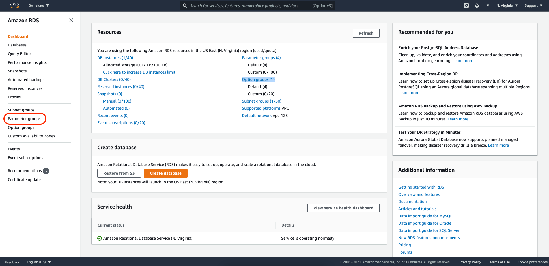 AWS Console configuration screenshot: parameters groups section