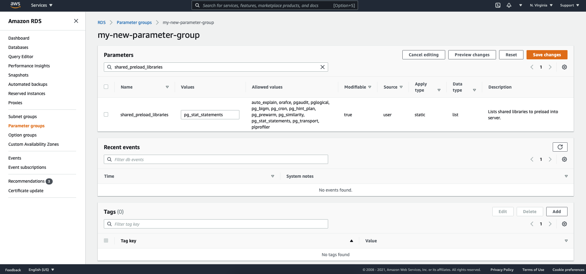 AWS Console configuration screenshot: shared preload libraries
