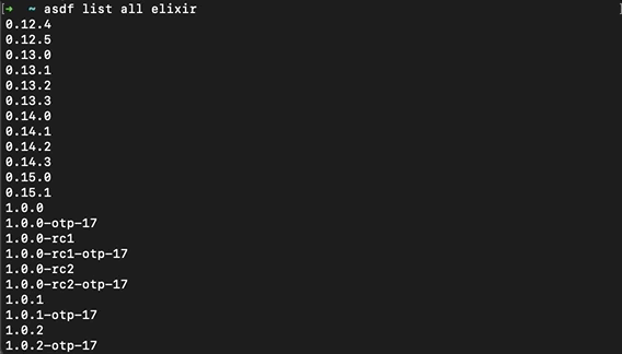 asdf list of Elixir versions