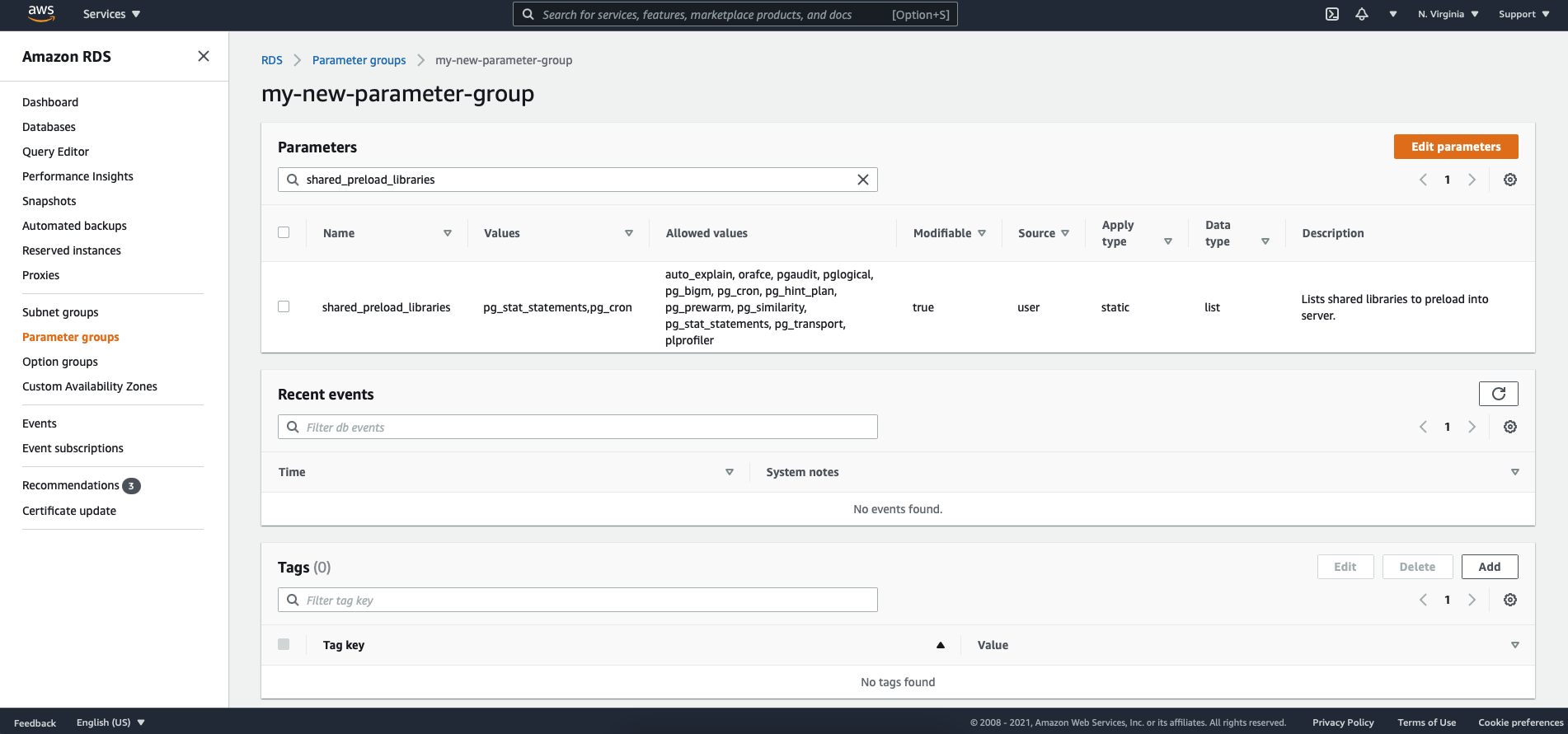 AWS Console configuration screenshot: add pg_cron to shared preload libraries